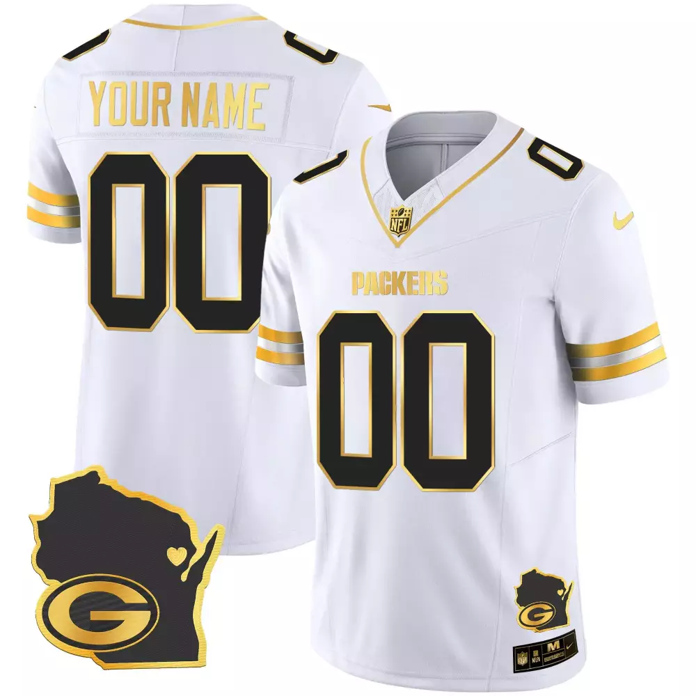 Custom Packers Jersey White Wisconsin Map 'g' Gold Black Home Vapor v2 All Stitched