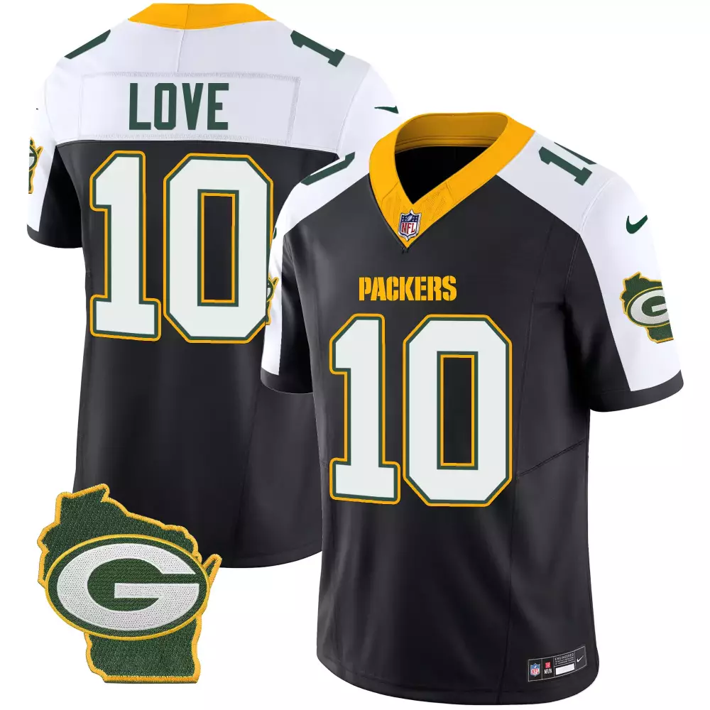 Love 10 Packers Jersey Black Wisconsin State Outline Men Replica White Green Yellow