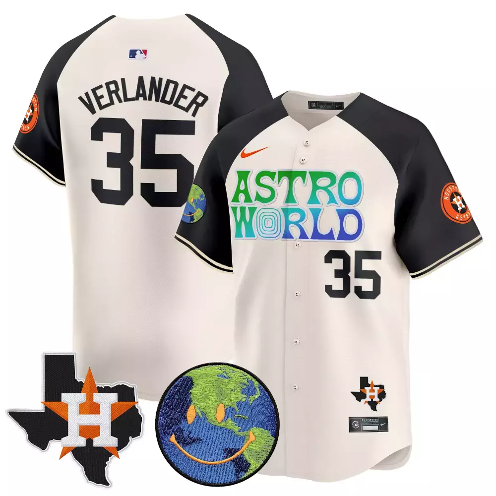 Verlander Patches 35 Jersey White Astroworld Houston Astros Star Earth Smiley Men