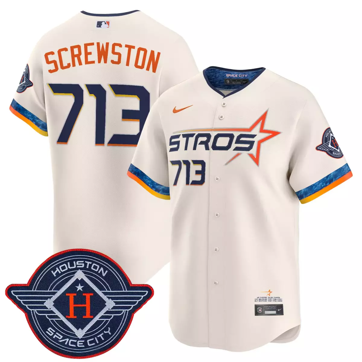 Screwston Houston Astros Jersey Cream Space City Men Split Design Navy Blue Orange