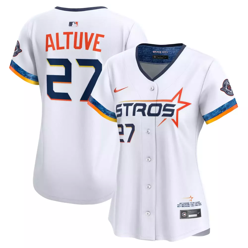 Jose Altuve 27 Astros Jersey White Space City Men Alternate Split Design Orange Navy Blue