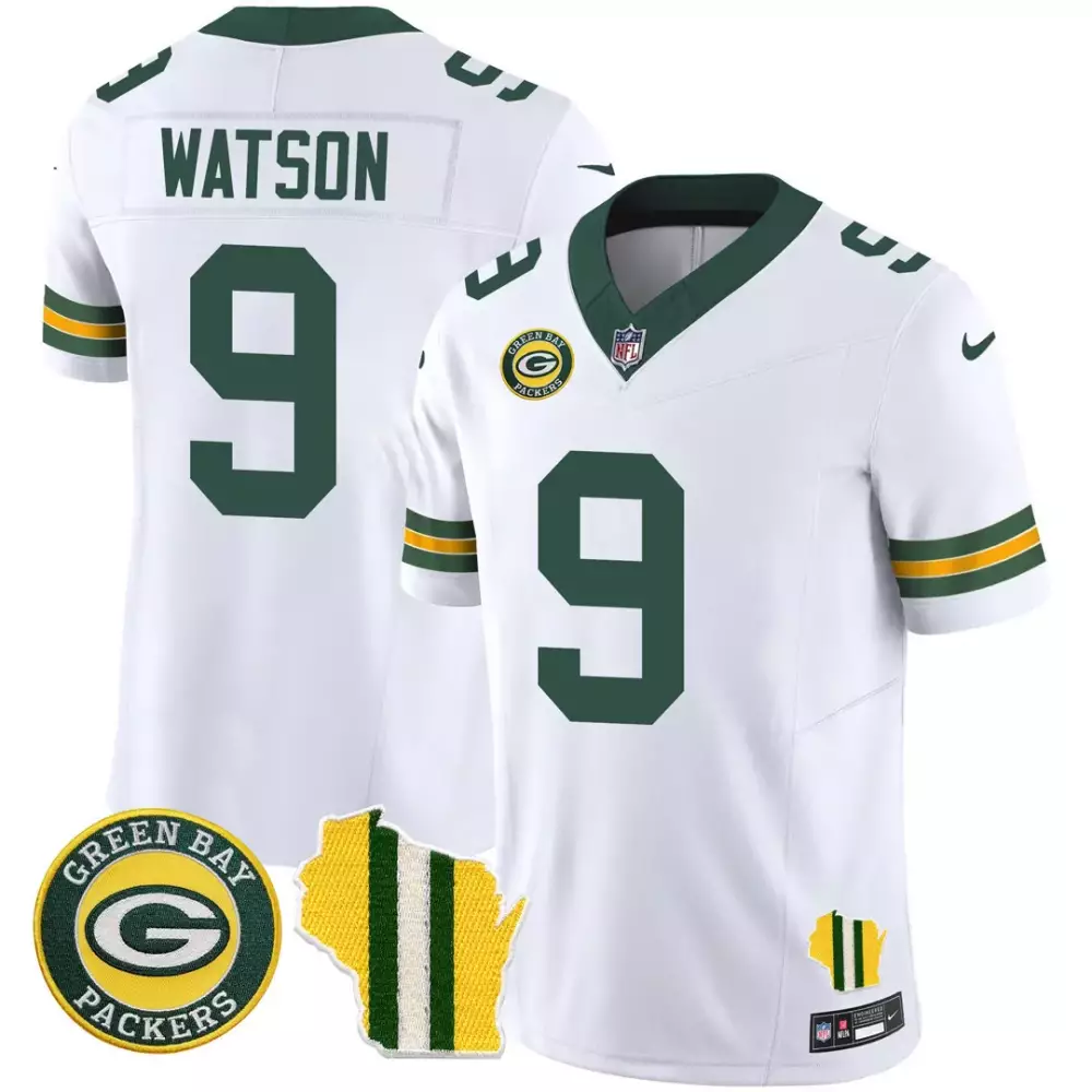 Christian Watson 9 Jersey White Green Bay Packers Wisconsin State Outline Men Standard