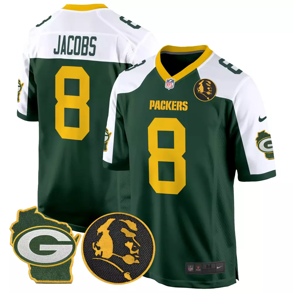 Jacobs 8 Packers Jersey Green Bay Men Standard White Yellow Alternate Home Game All