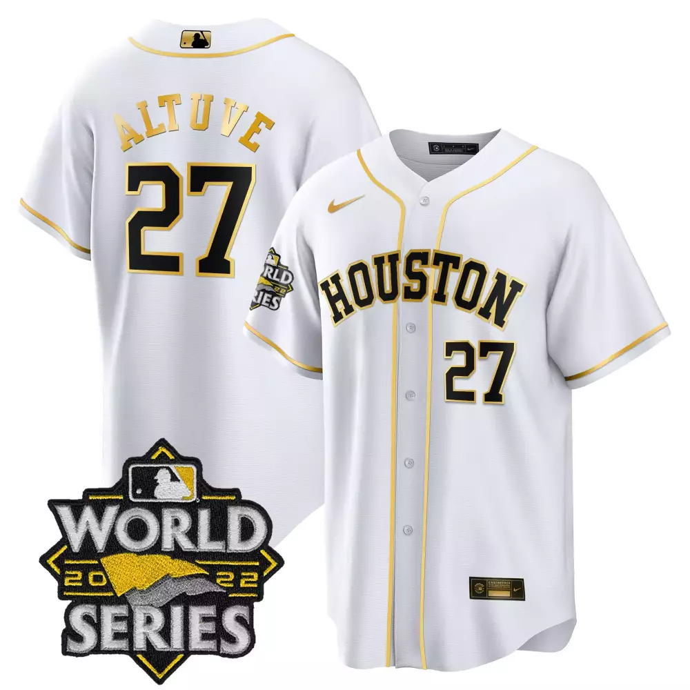 Jose Altuve 27 Houston Astros Jersey White World Series 2022 Men Gold Black All Stitched