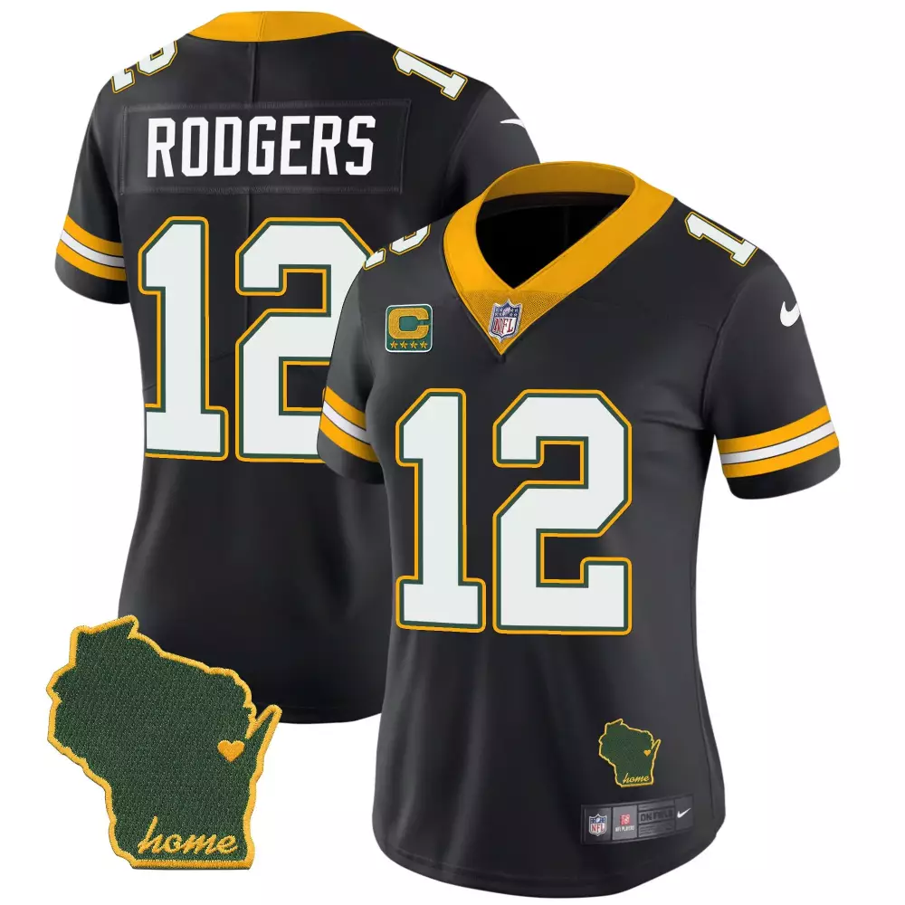 Aaron Rodgers 12 Jersey Black Green Bay Packers Wisconsin Outline Heart Women Replica