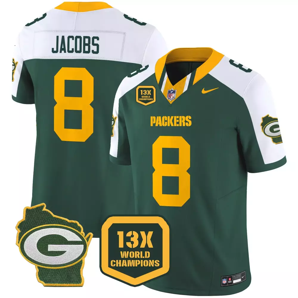 Josh Jacobs 8 Packers Jersey Green 13X World Champions Wisconsin Outline Men Standard