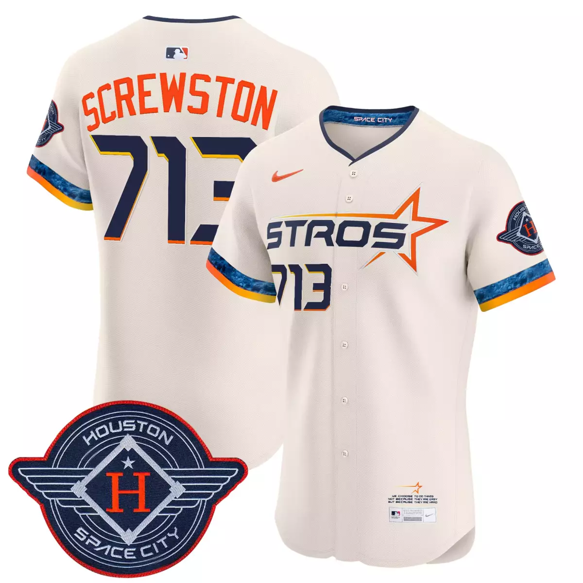 Screwston Houston Astros Jersey White Space City Men Alternate Split Design Navy