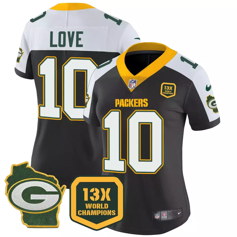 Love Time 10 Packers Jersey Black 13X World Champions Green Bay Men Alternate White