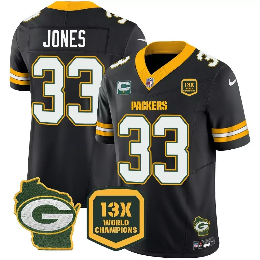 Aaron Jones 33 Packers Jersey Black Wisconsin Outline "g" 13X World Champions Badge