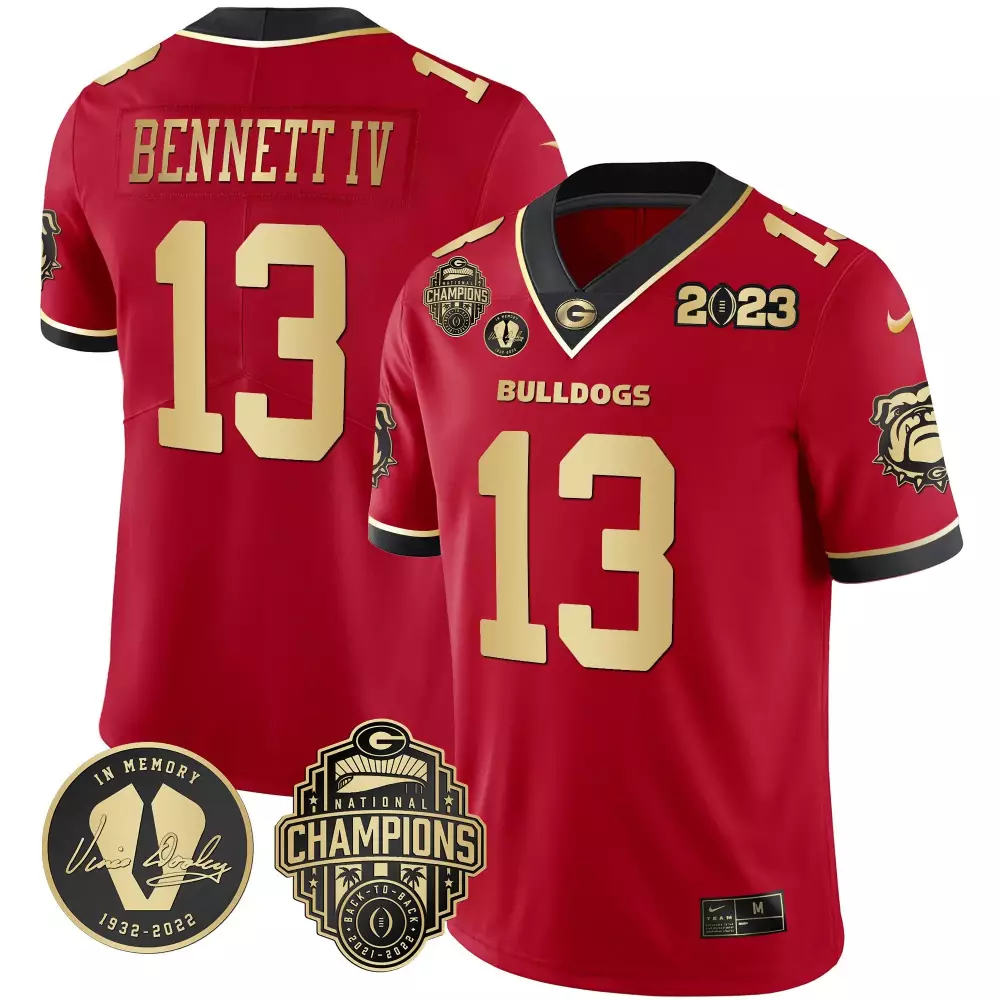 Stetson Bennett 13 Bulldogs Jersey Red National Championship 2023 Champions Vince Dooley Memory 1932-2022
