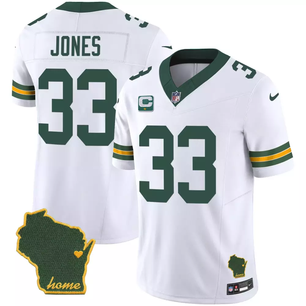 Aaron Jones 33 Green Bay Packers Jersey White Wisconsin State Outline 'home' Men