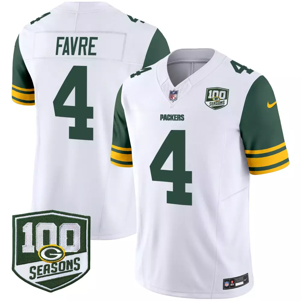 Brett Favre 4 Packers Jersey White 100th Season 100 Seasons Men Authentic Green Yellow