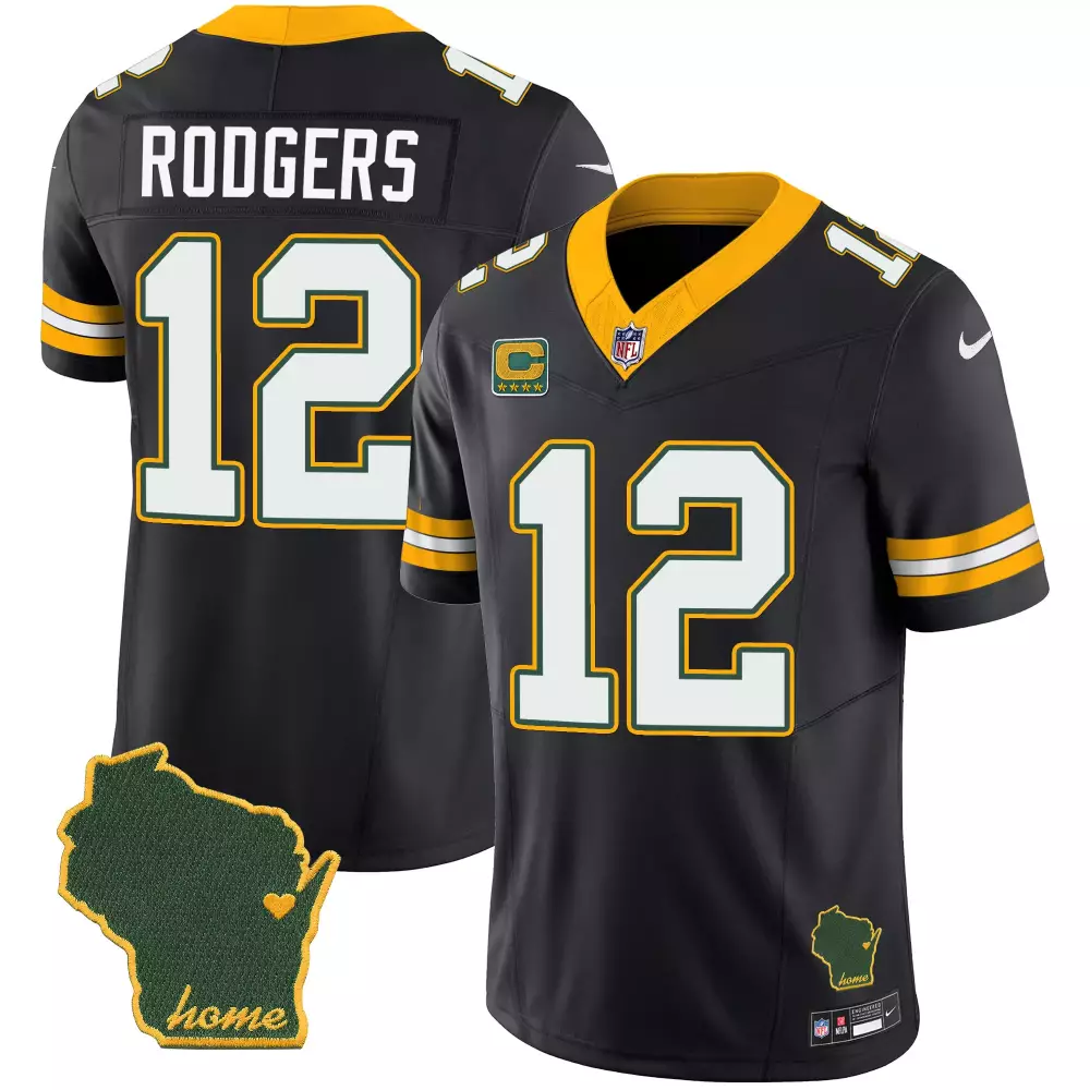 Aaron Rodgers 12 Jersey Black Green Bay Packers Wisconsin Shape "home" Stars Men