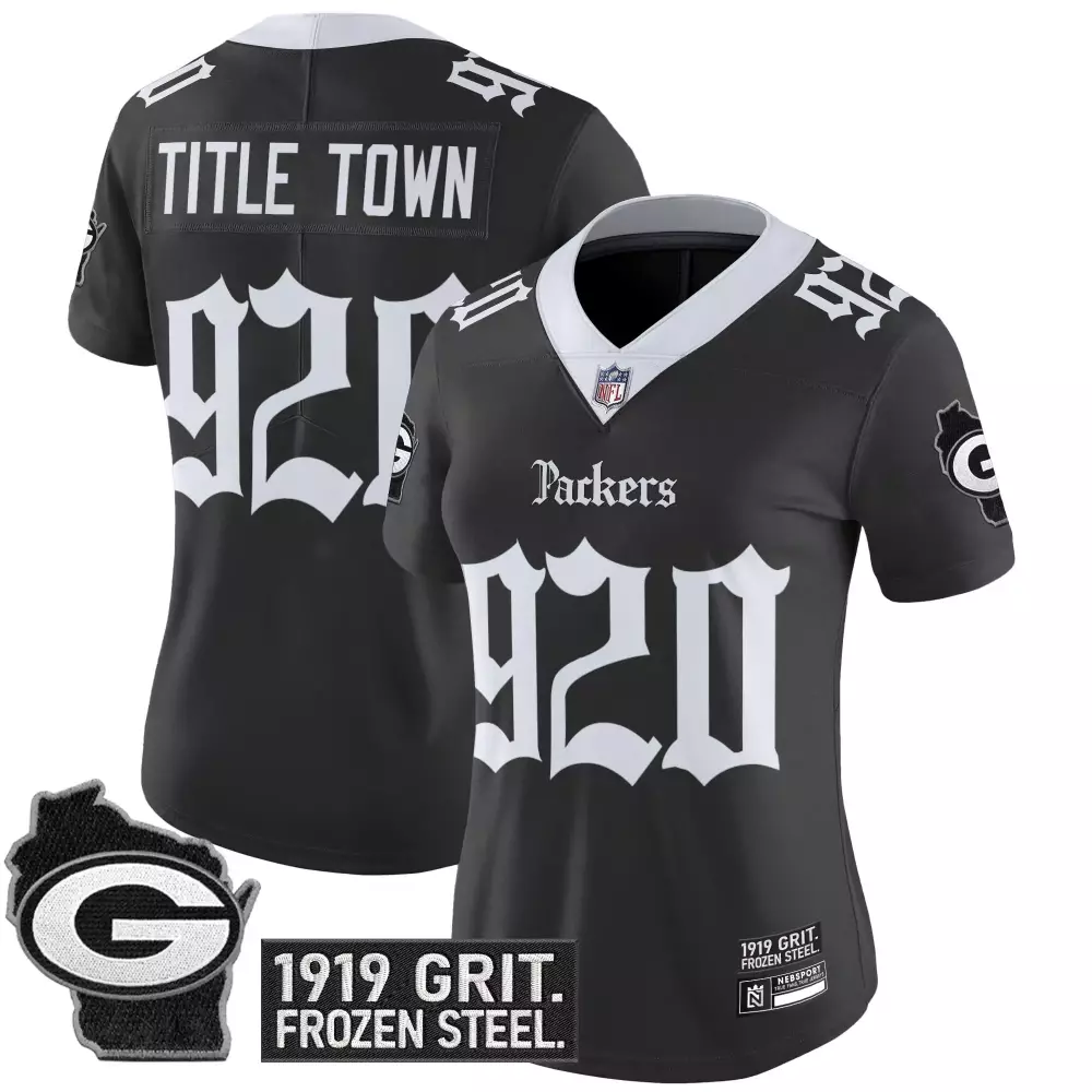 Title Town Packers Jersey Black Wisconsin Outline 1919 Grit. Frozen Steel. Women
