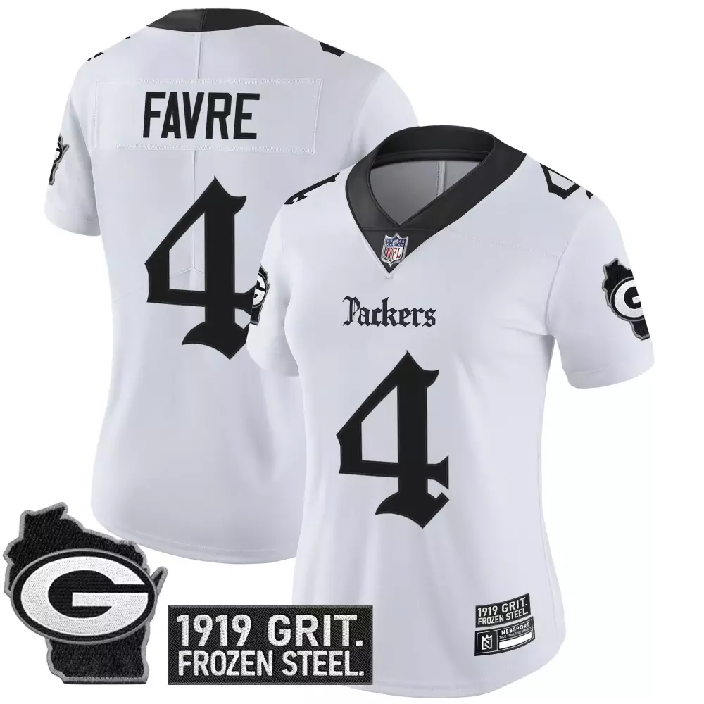 Brett Favre 4 Packers Jersey White Frozen Steel Wisconsin State Outline 1919 Grit. 2023