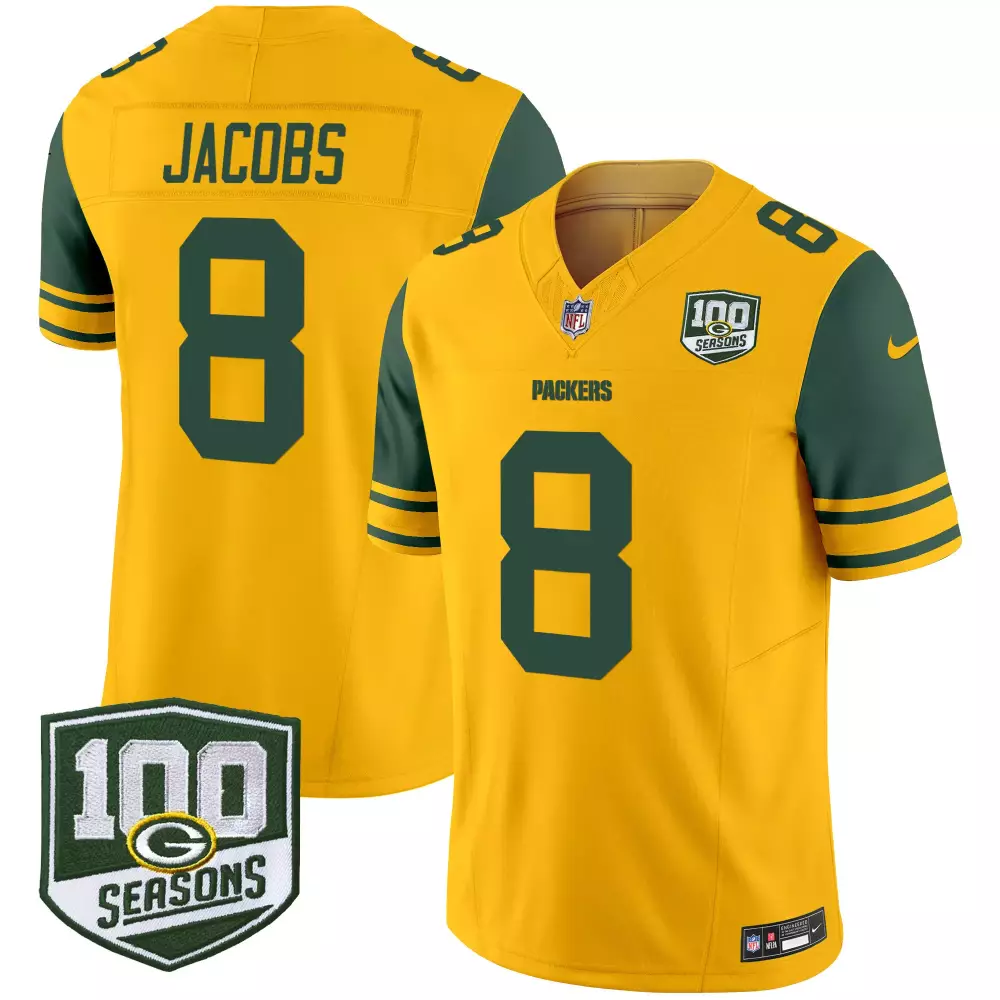 Josh Jacobs 8 Packers Jersey Gold 100 Seasons Men Player Green Throwback Vapor Limited