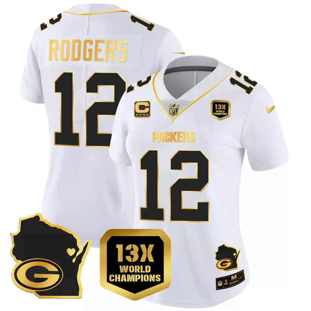 Aaron Rodgers 12 Packers Jersey White 13x World Champions Wisconsin Outline Women