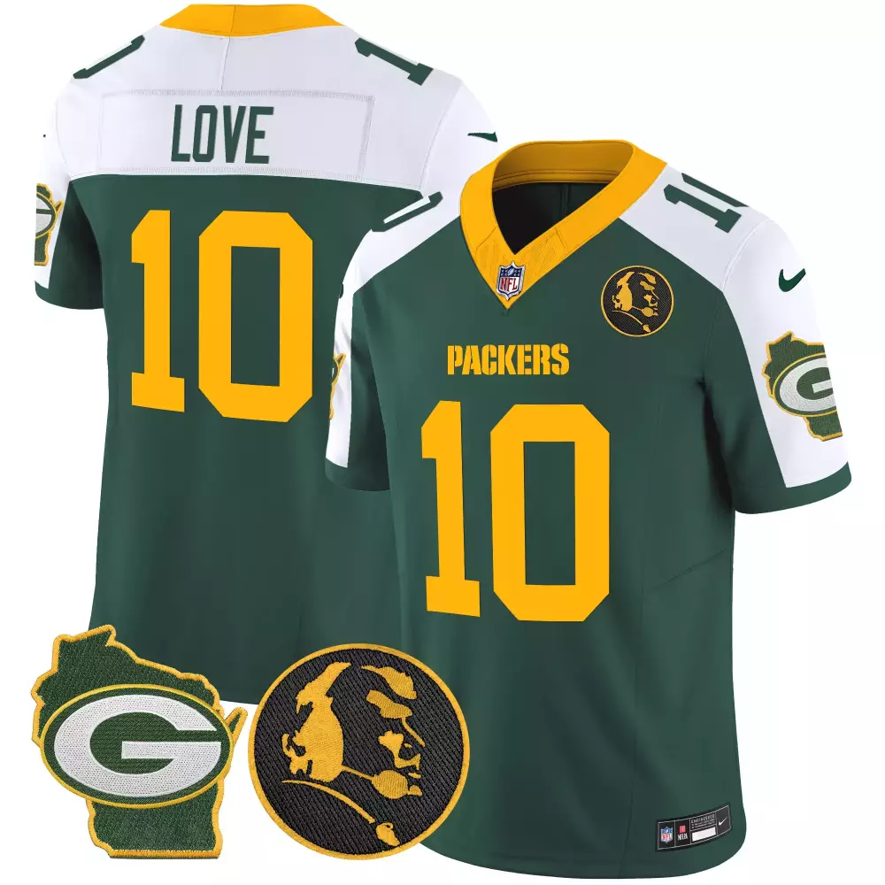 Love 10 Packers Jersey Green Wisconsin Outline Head Silhouette Men White Yellow Alternate