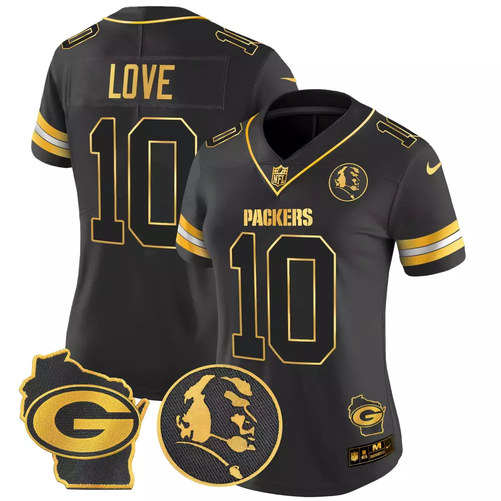Jordan Love 10 Green Bay Packers Jersey Black Gold Collection Wisconsin Outline 'g'