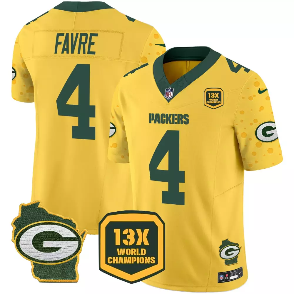 Brett Favre 4 Packers Jersey Yellow Wisconsin Outline 13X World Champions Men Alternate