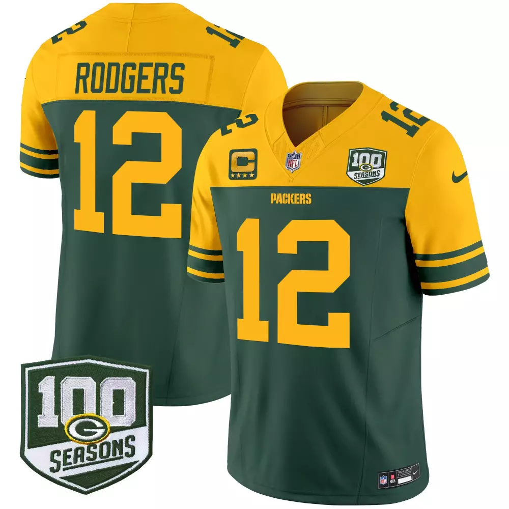 Aaron Rodgers 12 Packers Jersey Green 100 Seasons Men Yellow Throwback Vapor Limited
