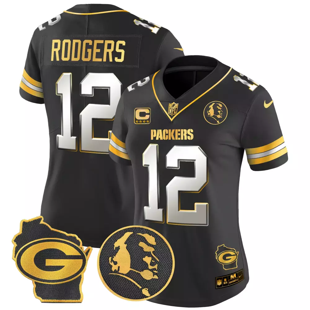 Rodgers 12 Packers Jersey Black Throwback Wisconsin State Outline Captain's Four Stars