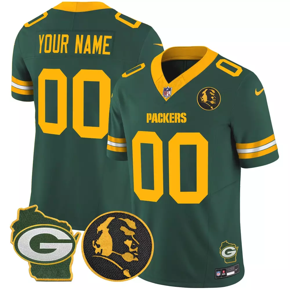 Custom Packers Jersey Green Wisconsin State Outline 'g' Head Men Yellow White Home