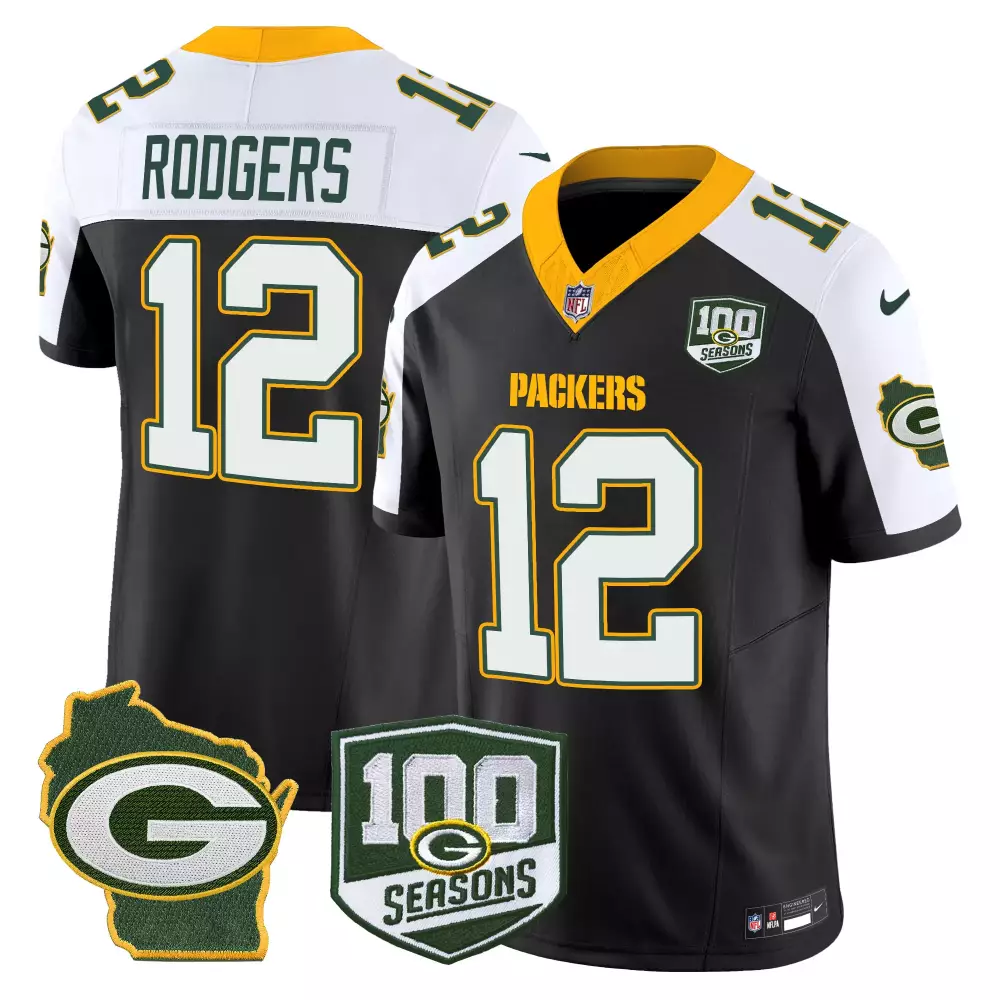 Aaron Rodgers 12 Packers Jersey Black 100 Seasons Wisconsin Outline 'g' Men Replica