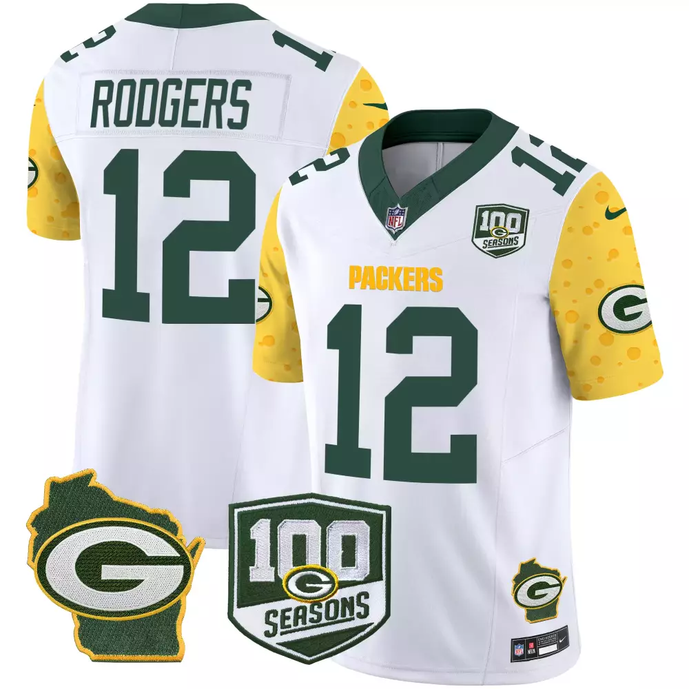Aaron Rodgers 12 Packers Jersey White 100th Season 100 Seasons Wisconsin Outline