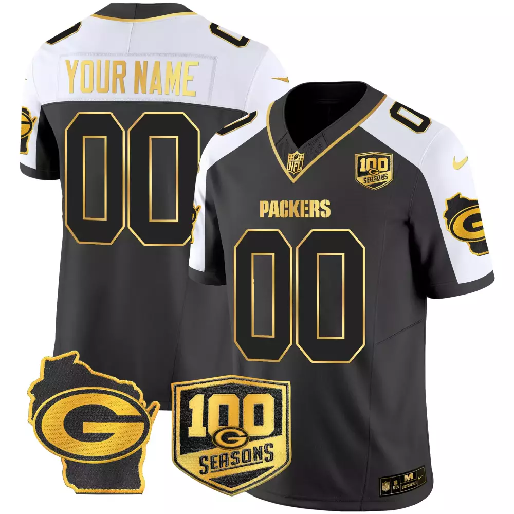 Custom Packers Jersey Black 100 Seasons Wisconsin Men White Gold All Stitched Vapor