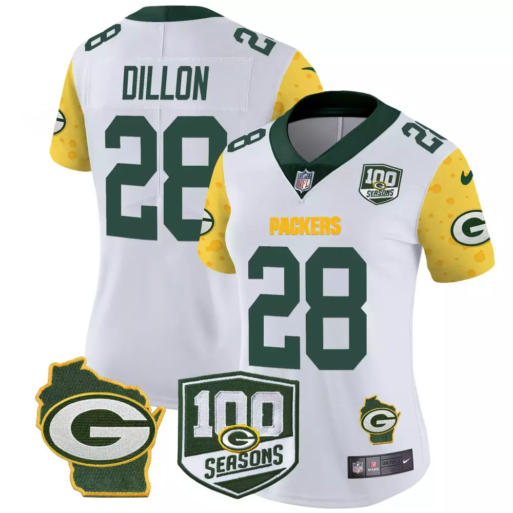 Aj Dillon 28 Packers Jersey White 100th Season 100 Seasons Wisconsin Outline Women