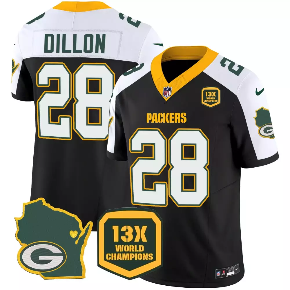 Aj Dillon 28 Packers Jersey Black 13x World Champions Wisconsin_state_outline_logo 13x_world_champions_badge