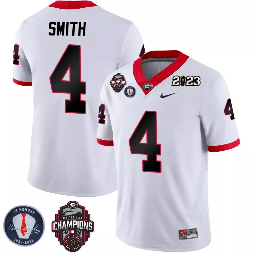 Nolan Smith 4 Georgia Bulldogs Jersey White National Champions 2023 Memory Vince Dooley 1932-2022