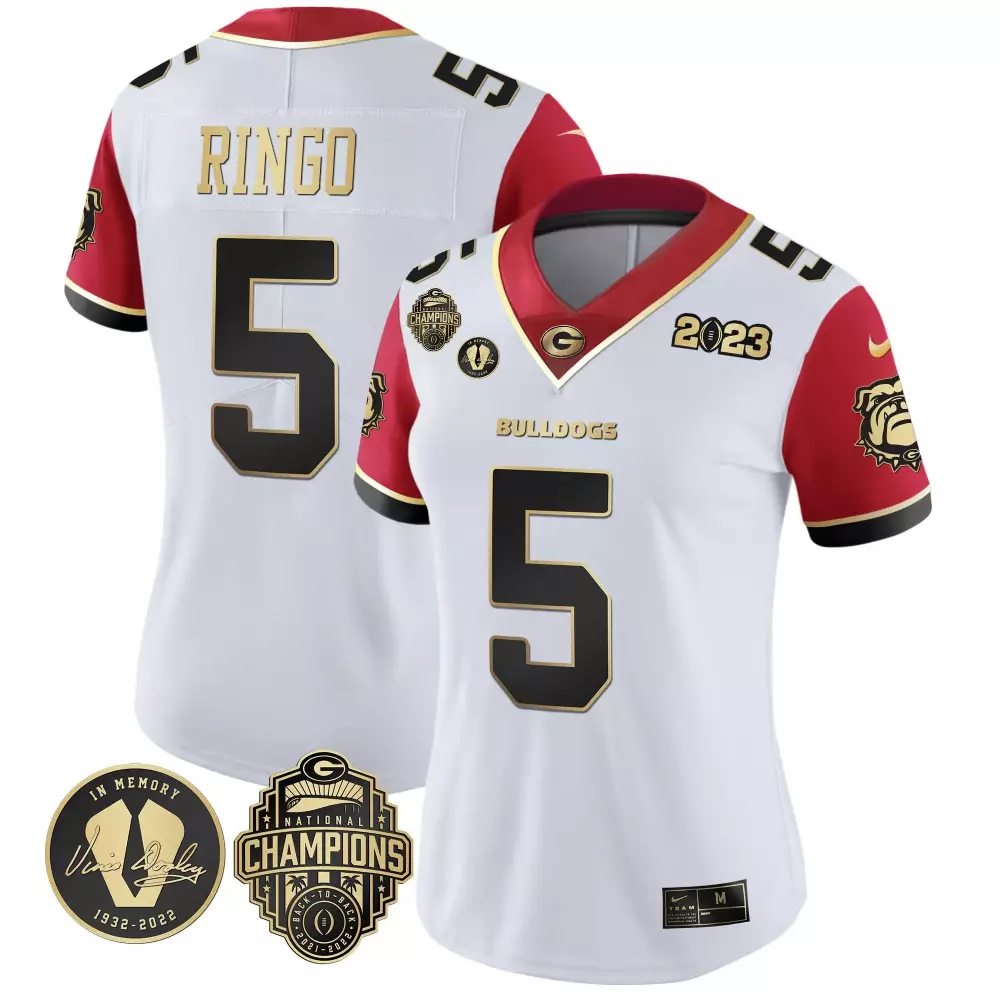 Kelee Ringo 5 Georgia Bulldogs Jersey White National Championship 2023 Champions Back-to-back Memory Vince Dooley 1932-2022