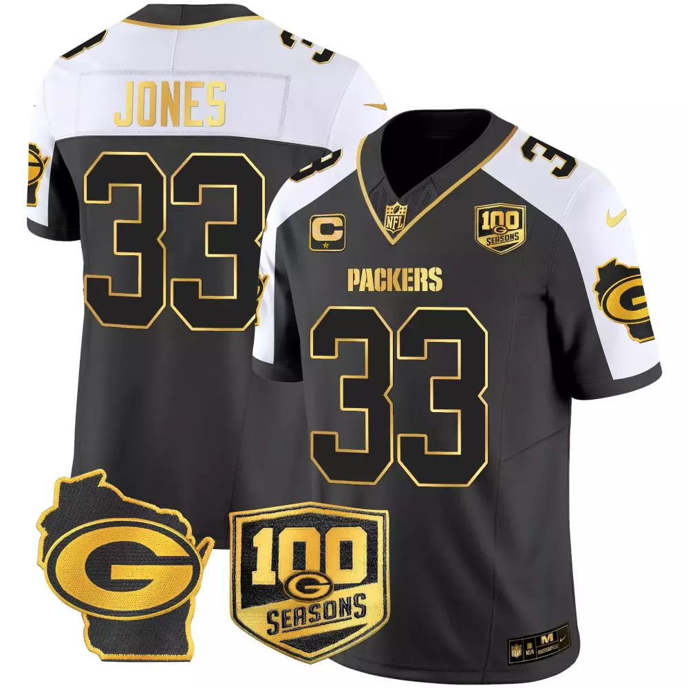 Aaron Jones 33 Packers Jersey Black 100 Seasons Wisconsin Shape Men White Gold Alternate