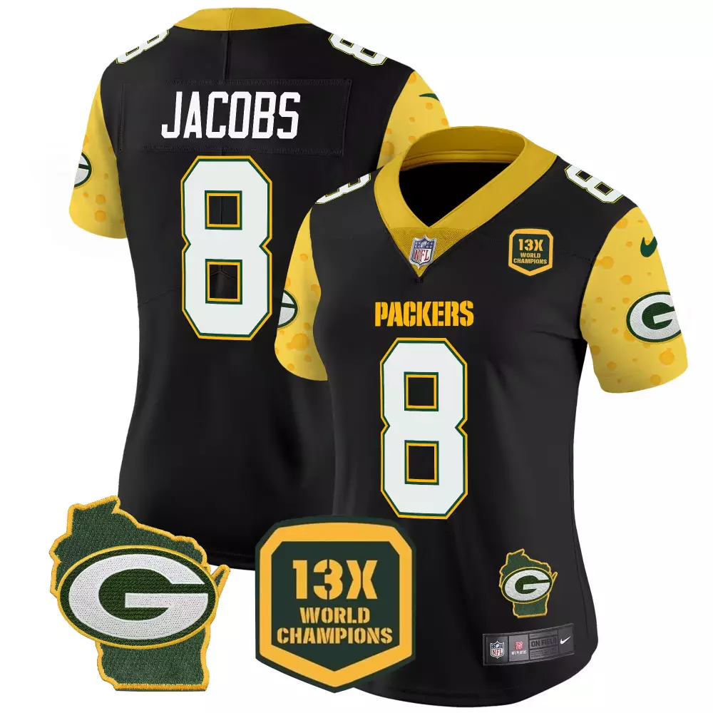 Josh Jacobs 8 Packers Jersey Black 13X World Champions Wisconsin State Shape Team