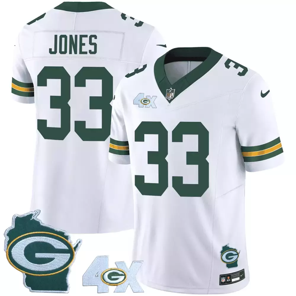 Aaron Jones 33 Green Bay Packers Jersey White Super Bowl Xxxii Champions 4X Wisconsin State Outline
