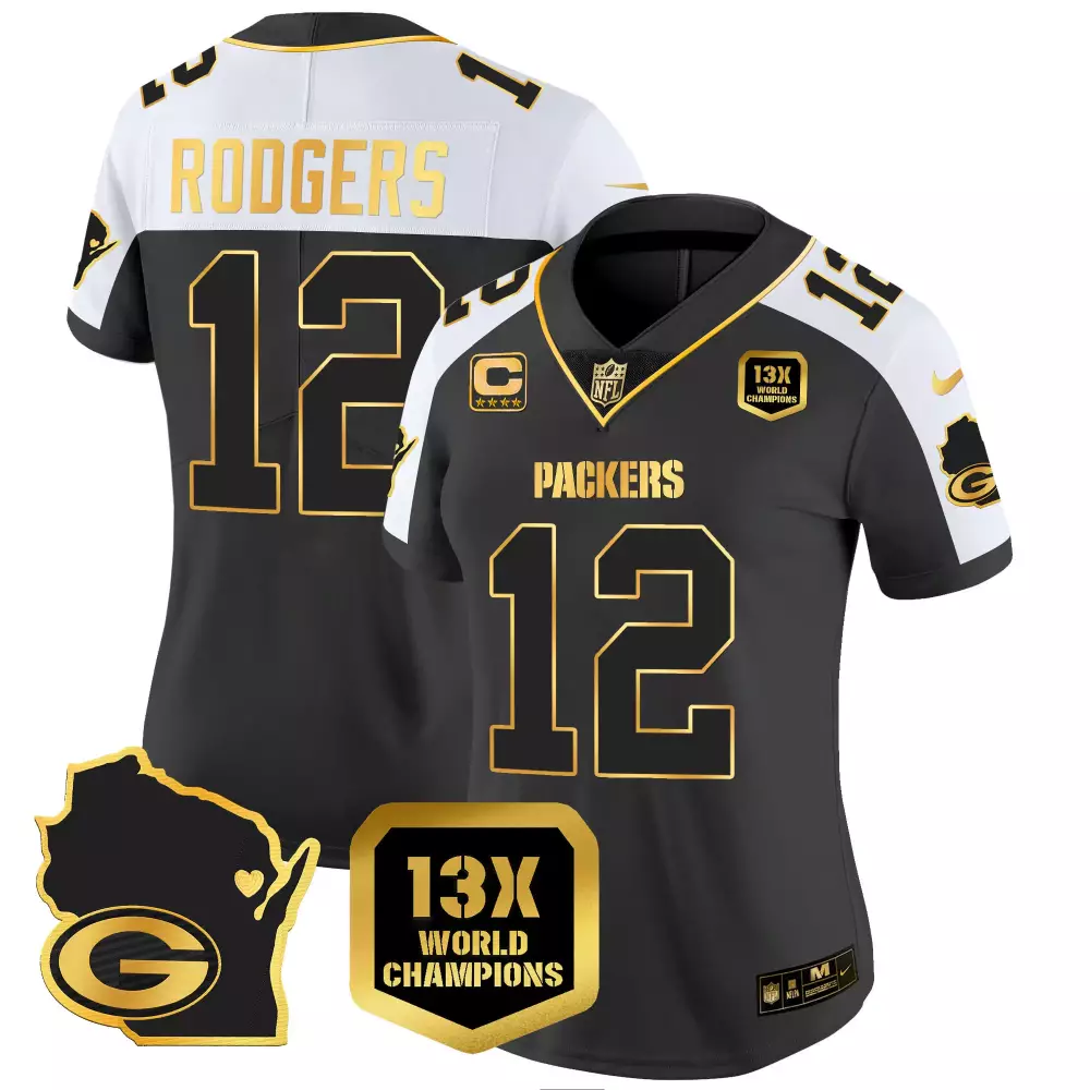 Aaron Rodgers 12 Packers Jersey Black 13x World Champions Badge Men Player Alternate