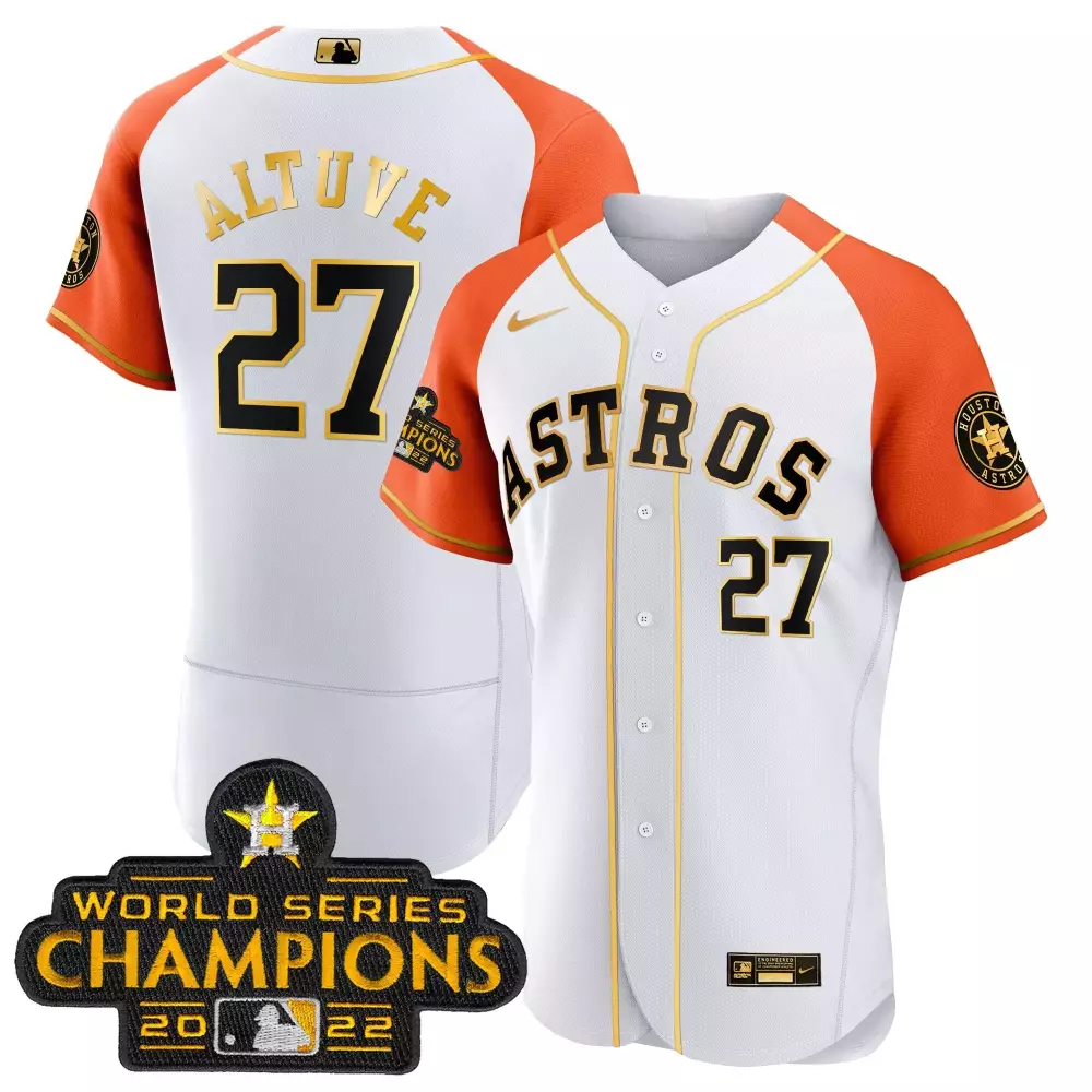 Jose Altuve 27 Astros Jersey White 2022 World Series Champions Men Orange Gold Alternate