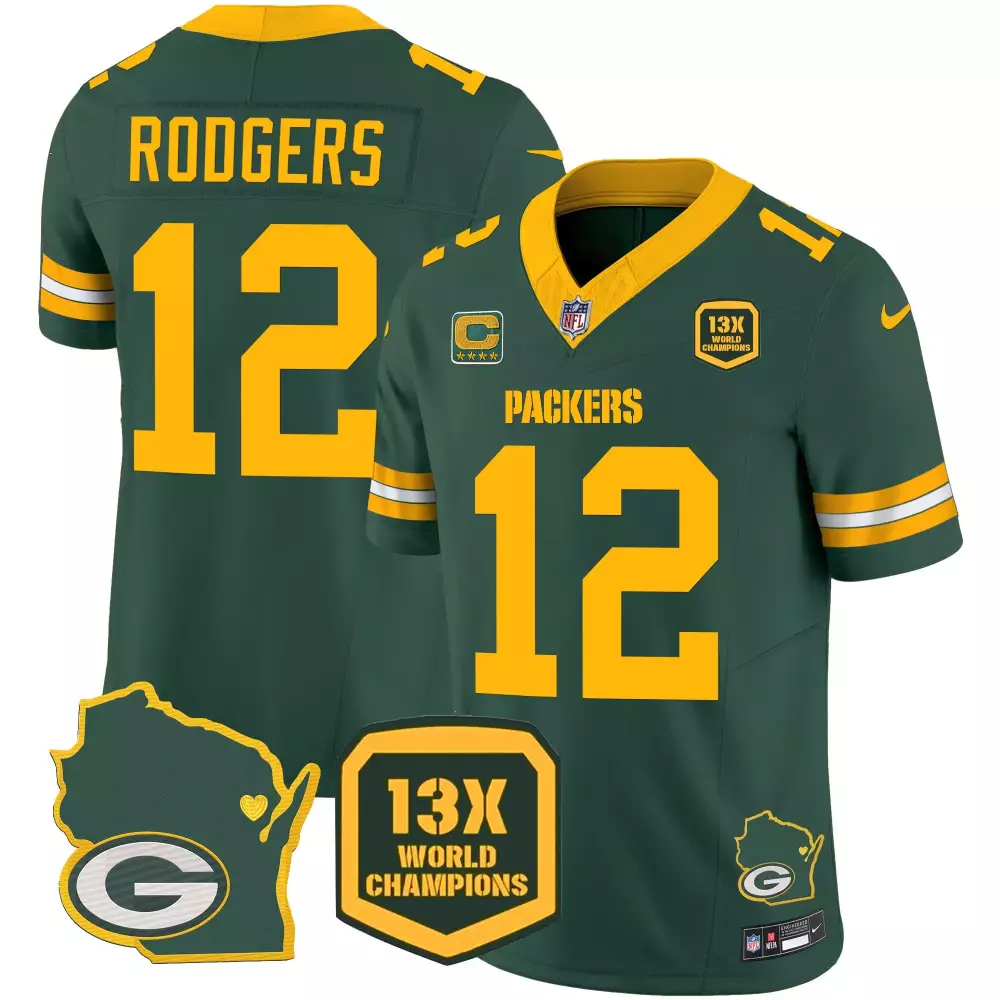 Aaron Rodgers 12 Packers Jersey Green 13X World Champions Wisconsin State Outline 'g'