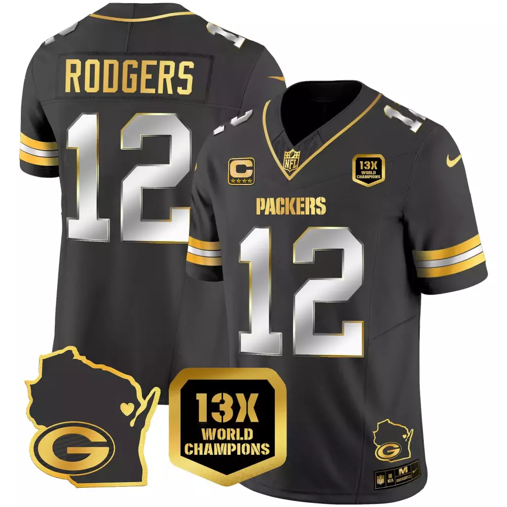 Aaron Rodgers 12 Packers Jersey Black 13X World Champions Badge Wisconsin Shape Men