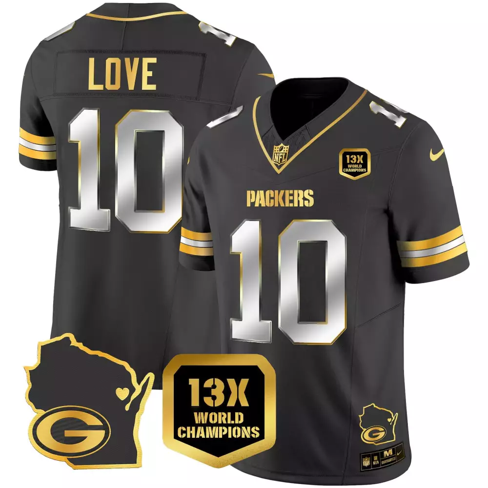 Love Time 10 Packers Jersey Black 13X World Champions Men Alternate Gold Silver Limited