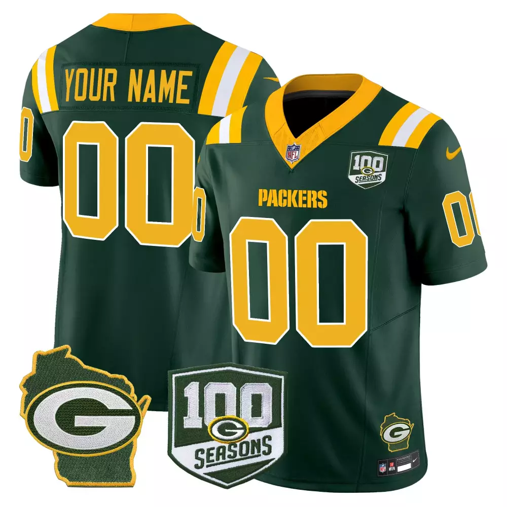 Custom Packers Jersey Green 100 Seasons Wisconsin State Outline Men Yellow White