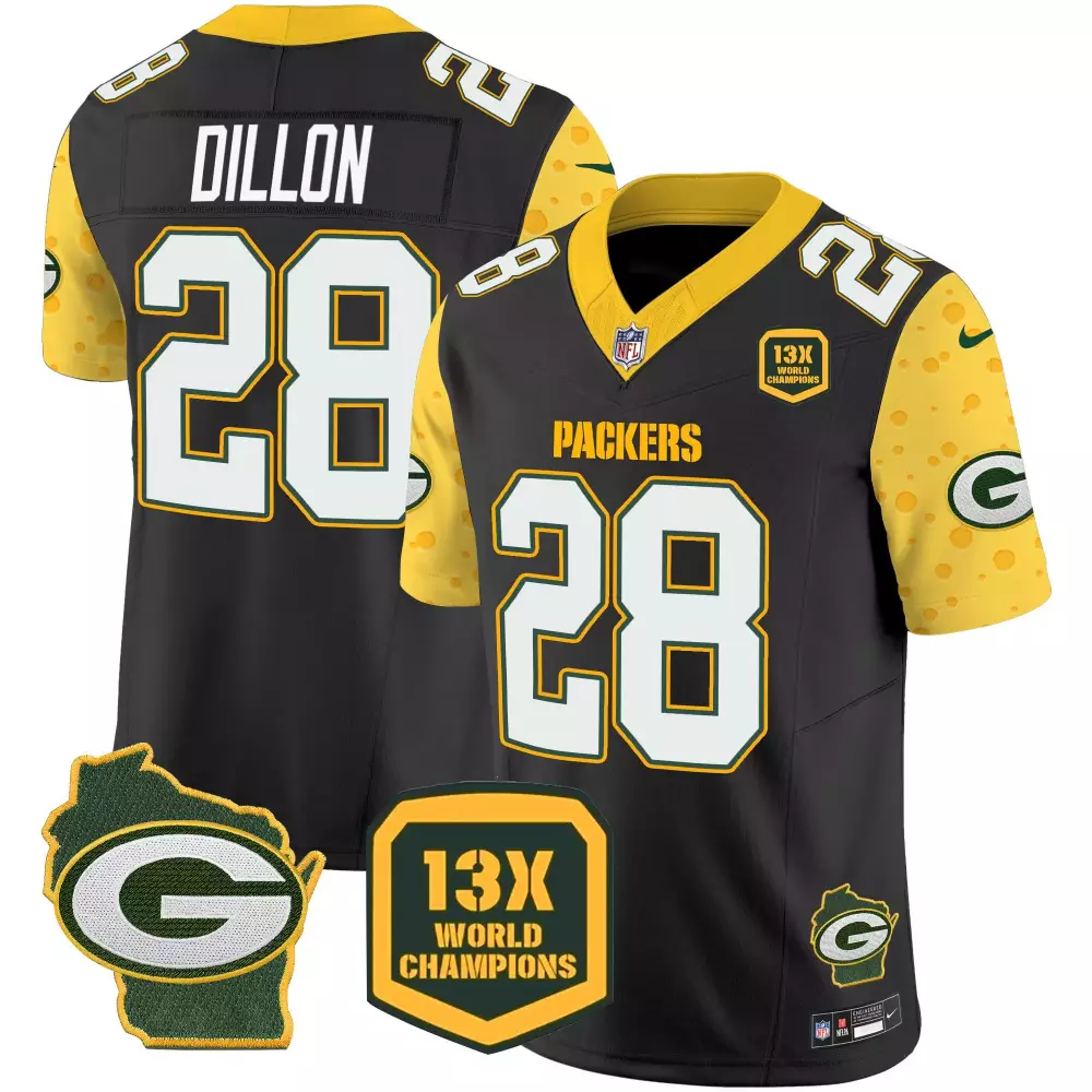 Aj Dillon 28 Packers Jersey Black Wisconsin State Shape 13X World Champions Men Standard