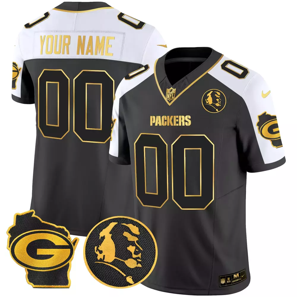Custom Packers Jersey Black Green Bay (face) Split Design White Gold Alternate Home
