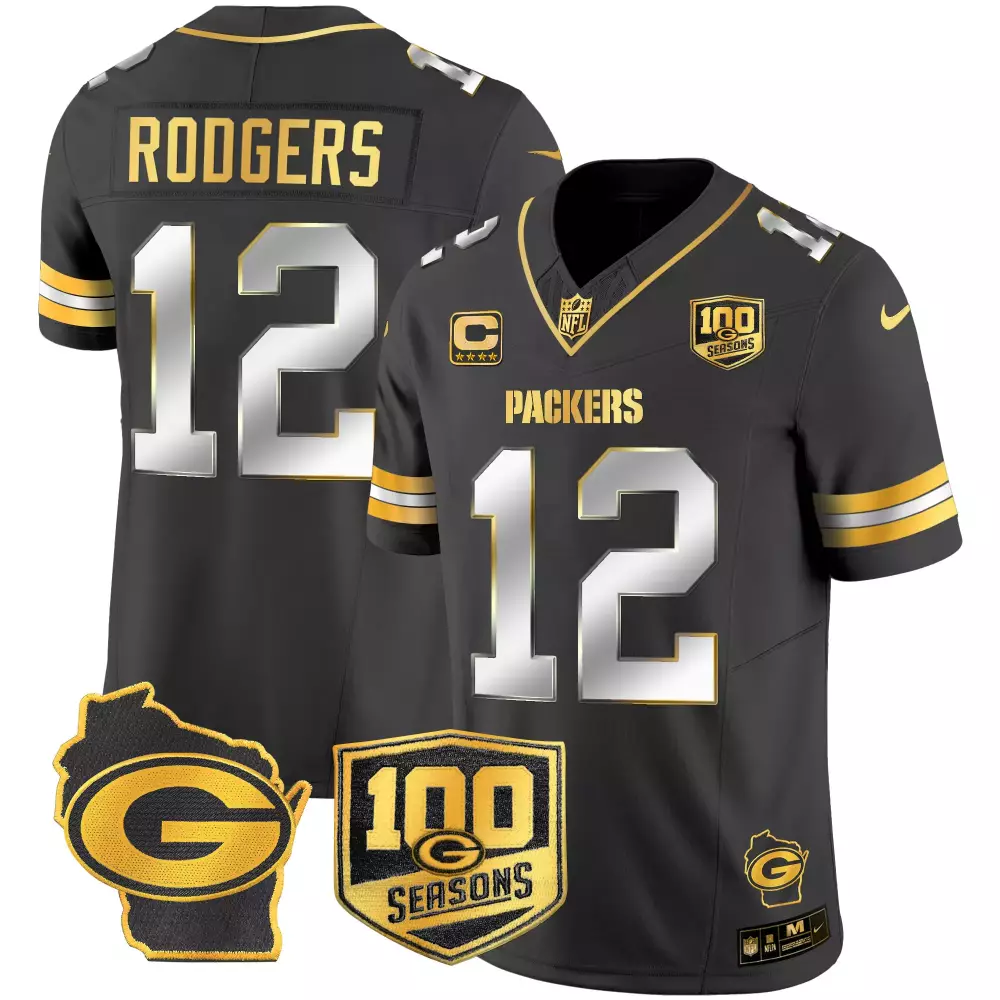 Aaron Rodgers 12 Packers Jersey Black 100th Season 100 Seasons Badge Wisconsin Shape 2019