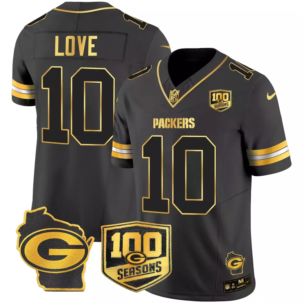 Love 10 Packers Jersey Black 100th Season 100 Seasons Wisconsin Men Alternate Gold