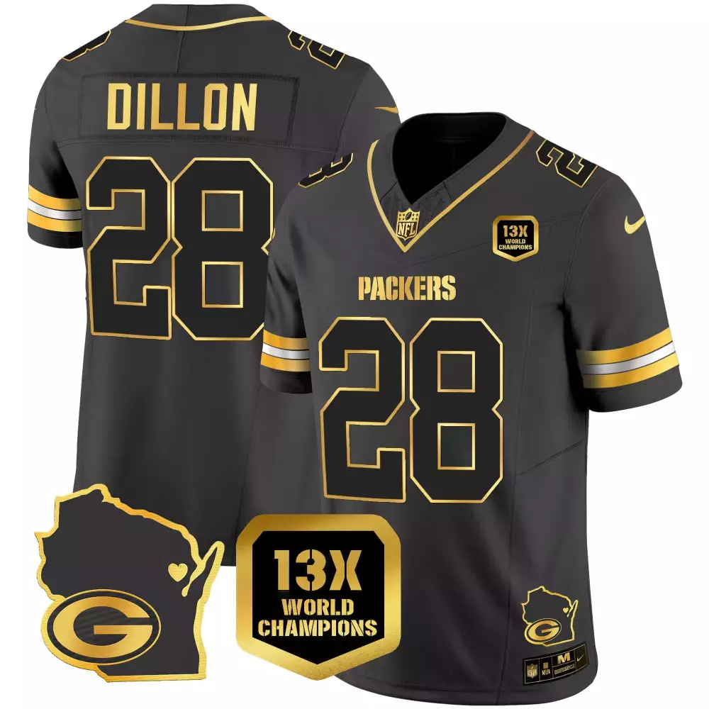 Aj Dillon 28 Packers Jersey Black 13X World Champions Wisconsin Outline 'g' Men Gold