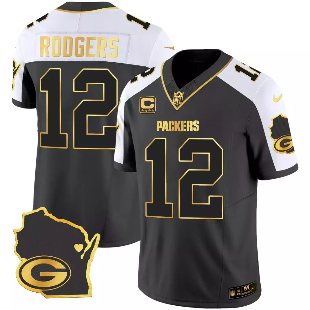 Aaron Rodgers 12 Packers Jersey Black Gold Rush Green Bay Wisconsin Map Heart "g"
