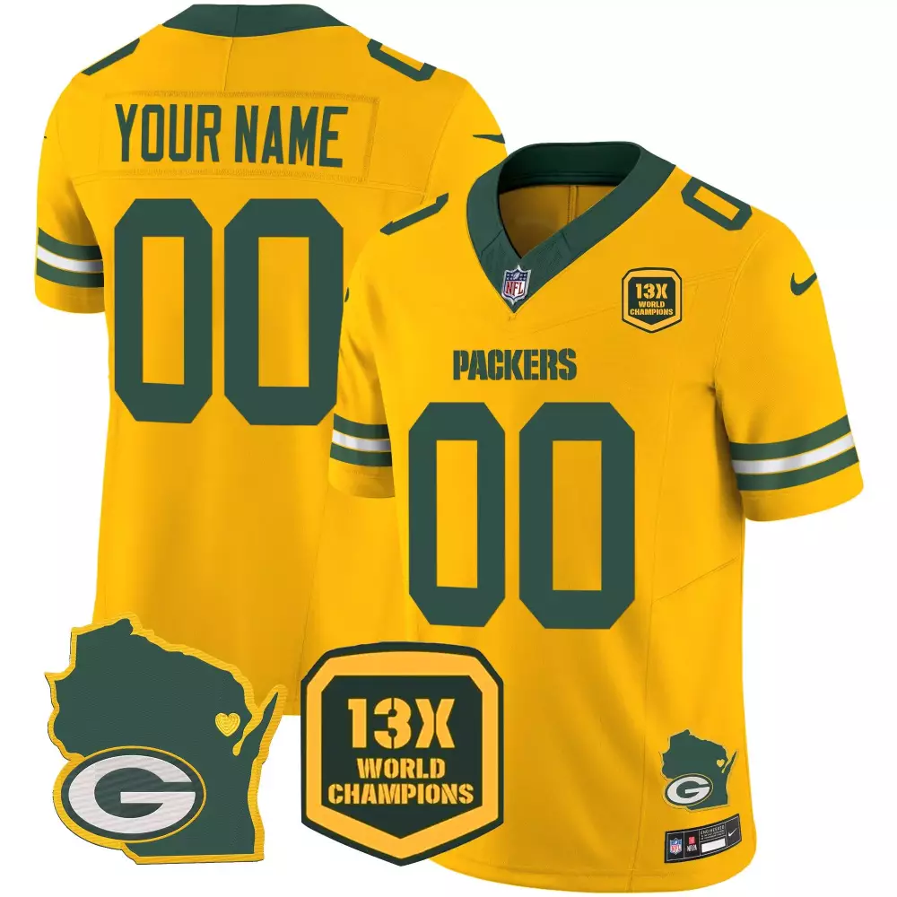 Custom Packers Jersey Yellow Wisconsin State Shape 13X World Champions Badge Men